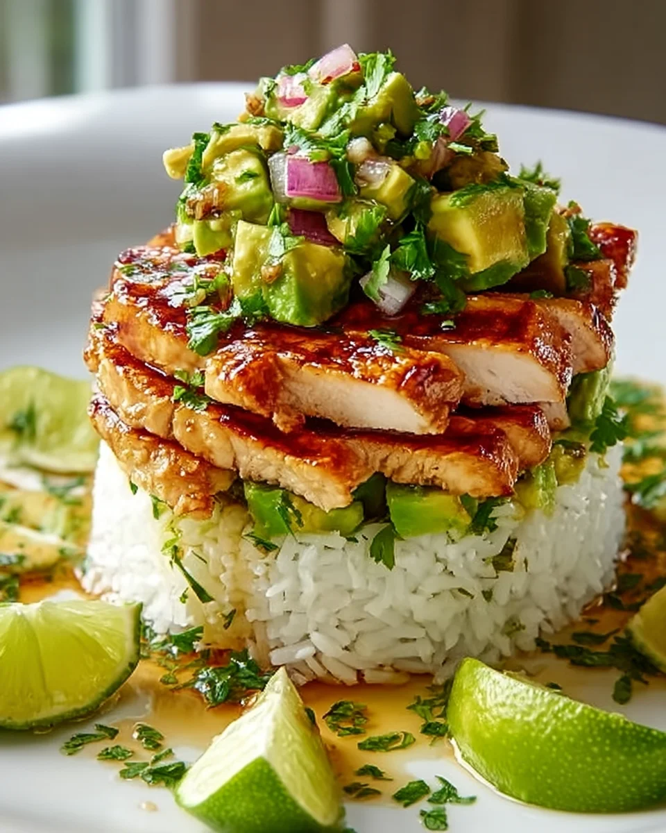 Hähnchen-Avocado Reis Stack: Honig-Limette Geschmacksexplosion