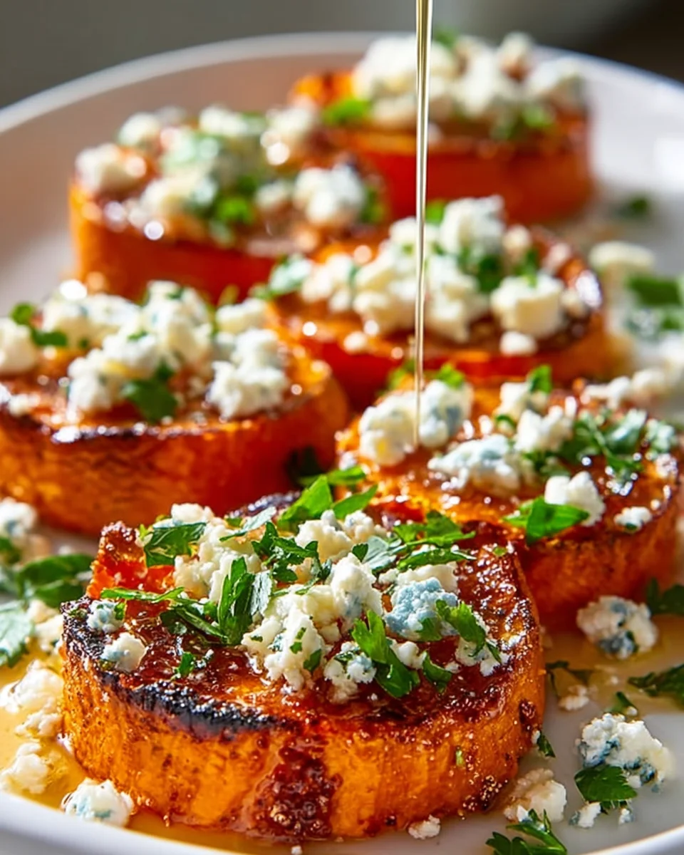Geröstete Süßkartoffelrunden mit Honig-Feta