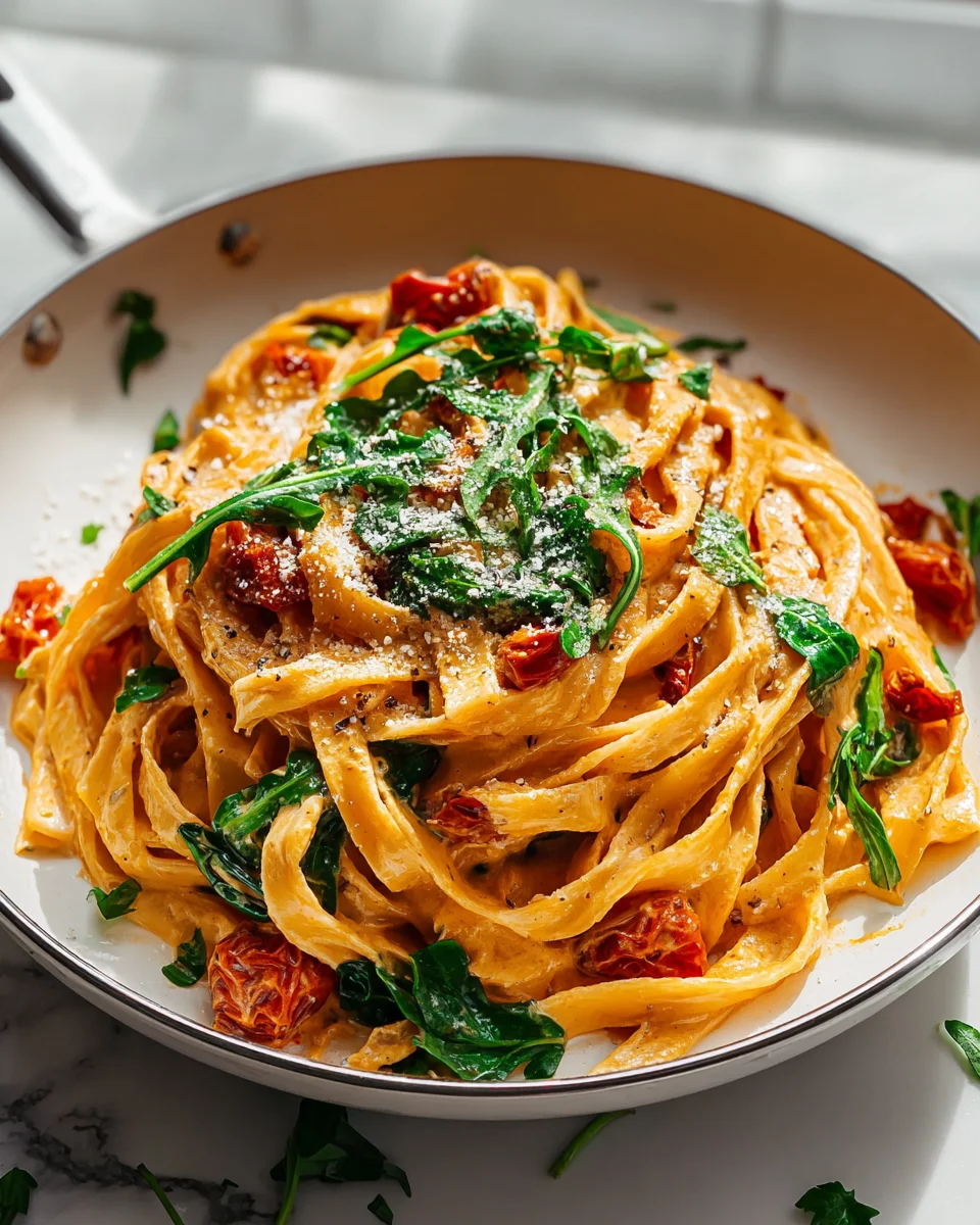 Vegane cremige Pasta mit getrockneten Tomaten