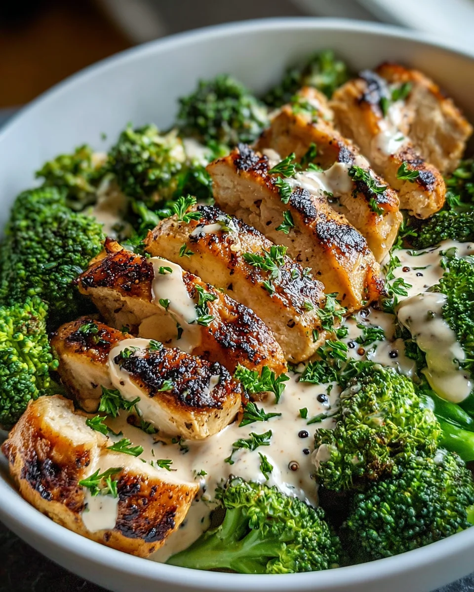 Gegrillte Hähnchen-Brokkoli-Bowls mit cremiger Knoblauchsauce