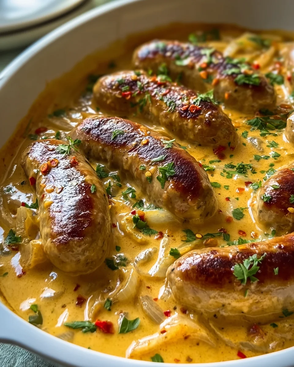 Herzhafte Bratwurst in Zwiebel-Curry-Sahnesauce genießen!
