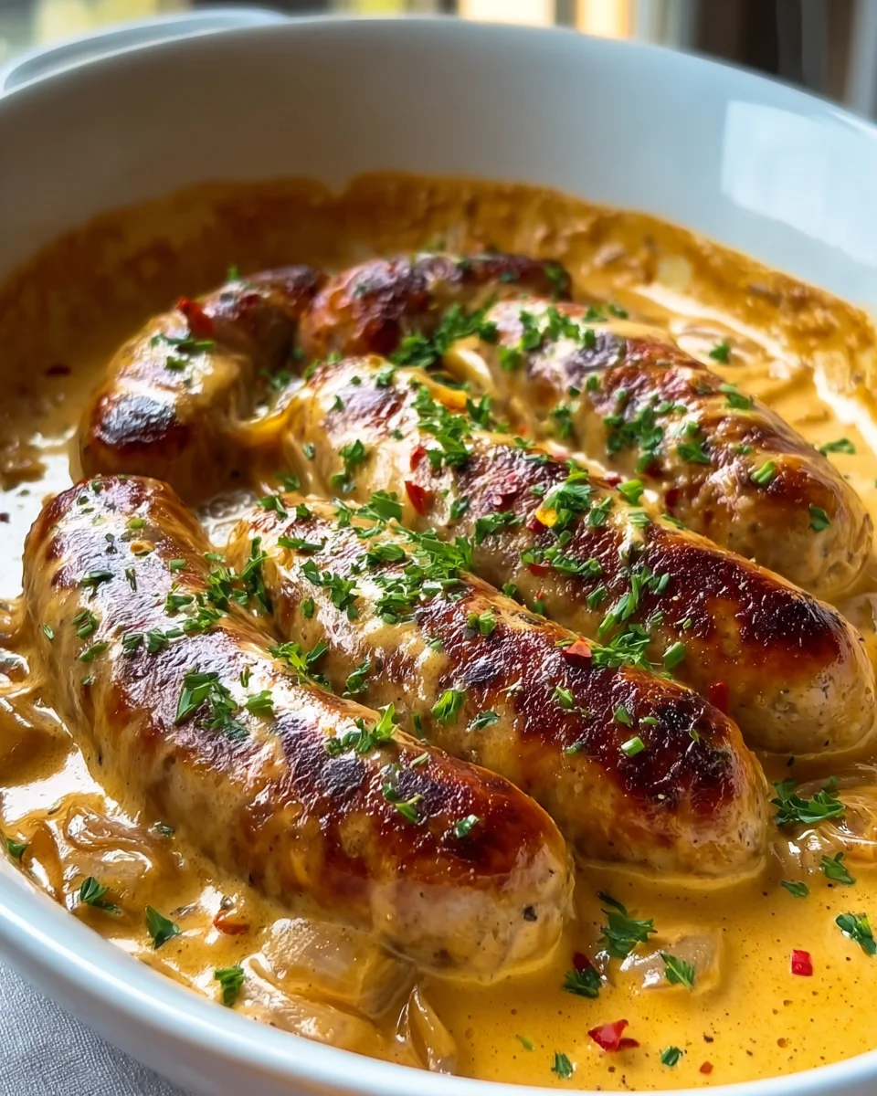 Herzhafte Bratwurst in Zwiebel-Curry-Sahnesauce genießen!