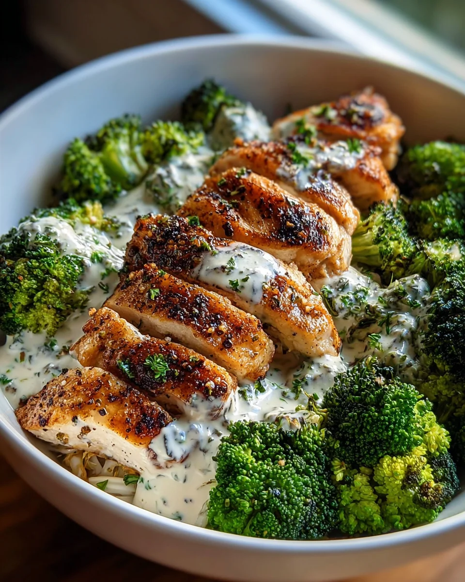 Gegrillte Hähnchen-Brokkoli-Bowls mit cremiger Knoblauchsoße