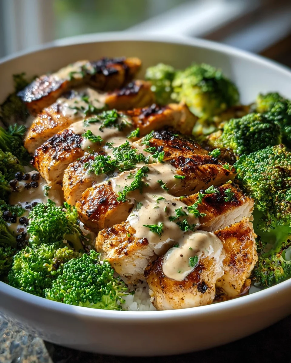 Gegrillte Hähnchen-Brokkoli-Bowls mit cremiger Knoblauchsauce