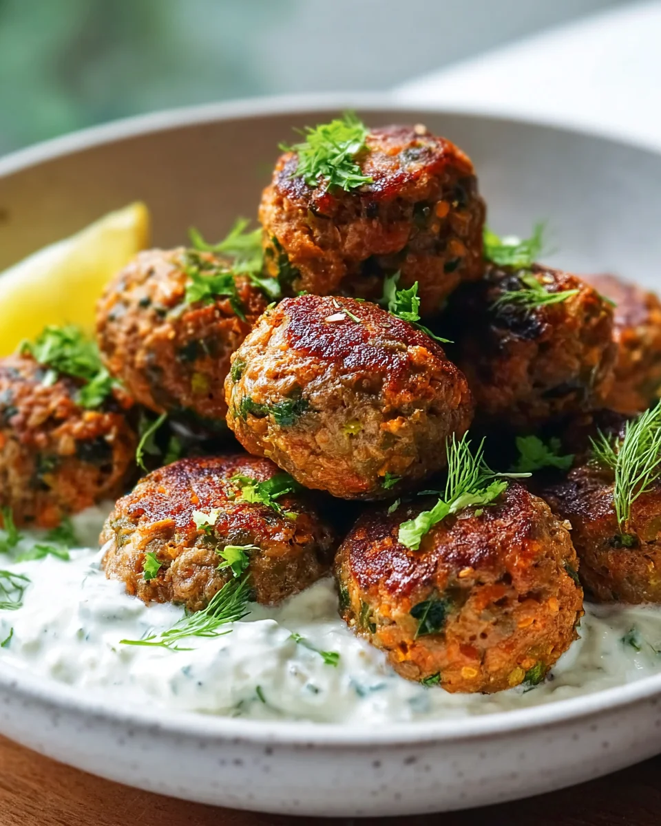 Unwiderstehliche gebackene griechische Linsenbällchen mit Tzatziki