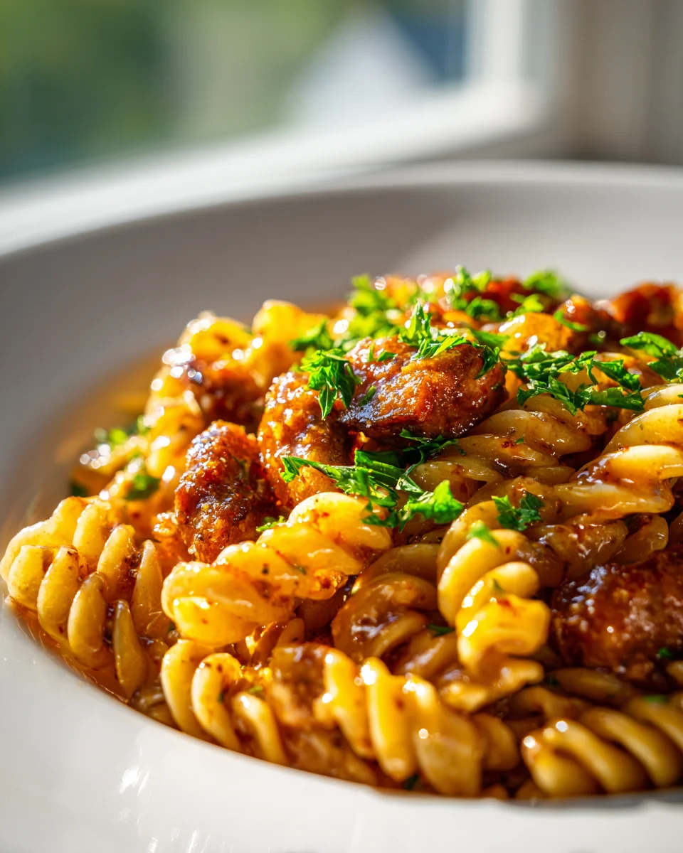 Blitz-Rezept: One-Pan Scharfe Honig BBQ Rinderwurst Pasta