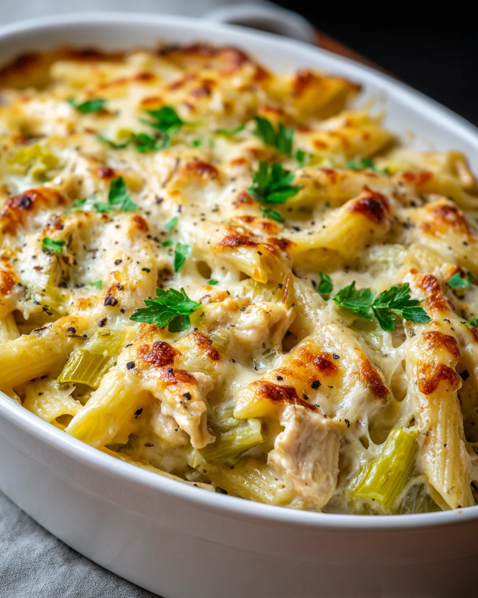 Cremiger Lauch-Hähnchen-Knoblauch-Nudelauflauf: Ein Genuss!