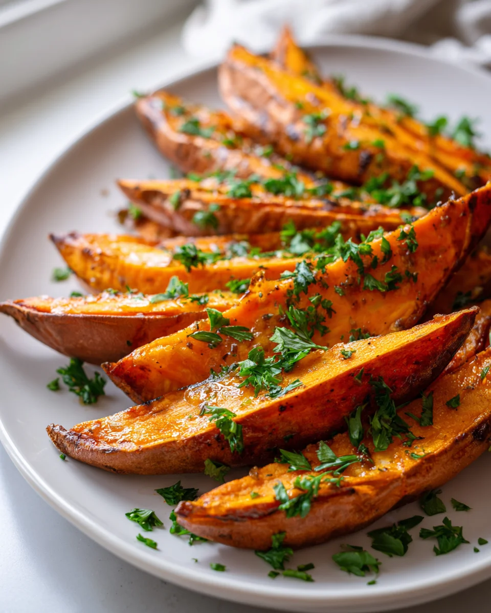 Knusprige Honig-Senf Süßkartoffelspalten aus dem Ofen!