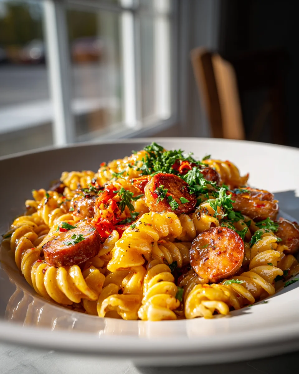 Blitz-Rezept: One-Pan Scharfe Honig BBQ Rinderwurst Pasta