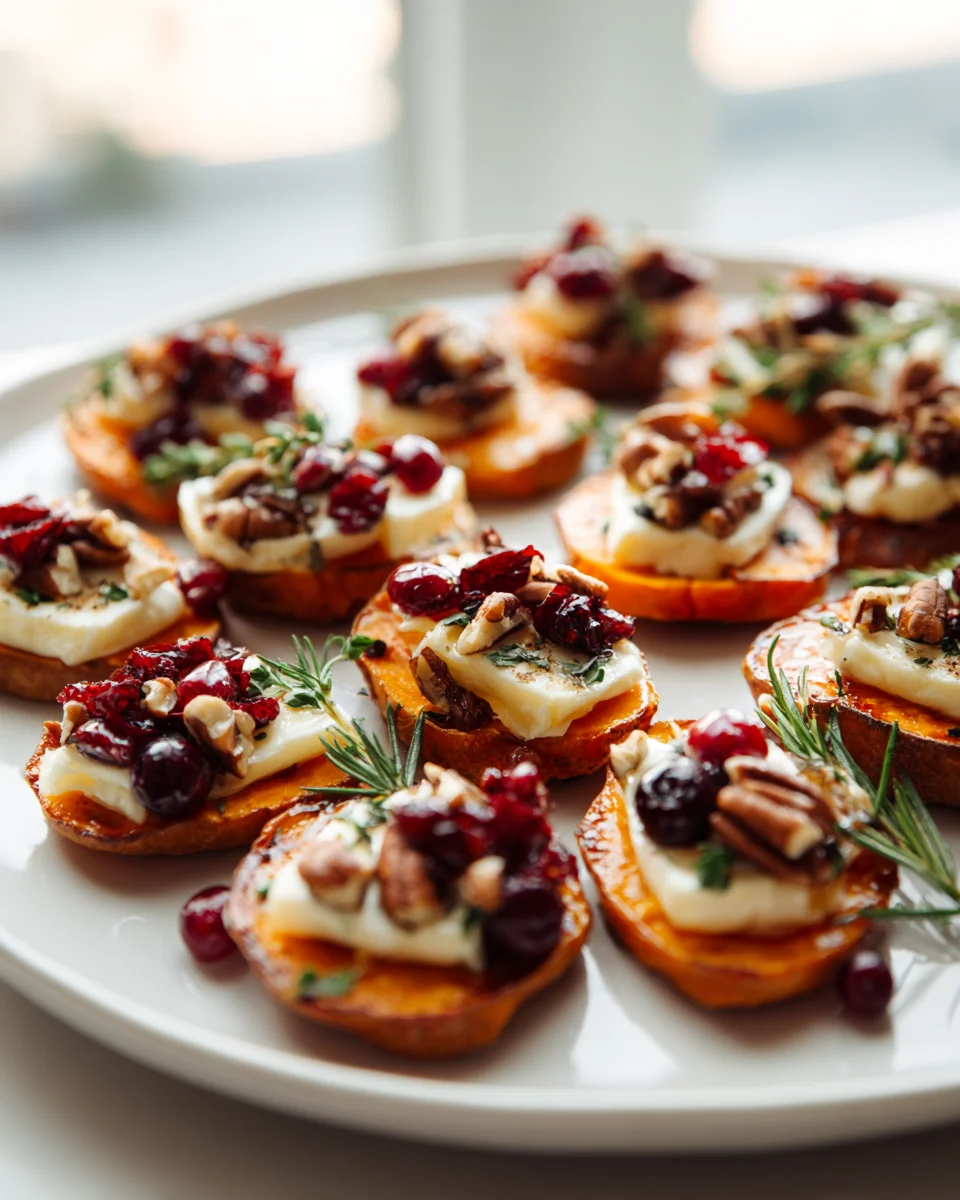Edle Süßkartoffel-Taler mit Brie, Cranberrys & Pekannüssen