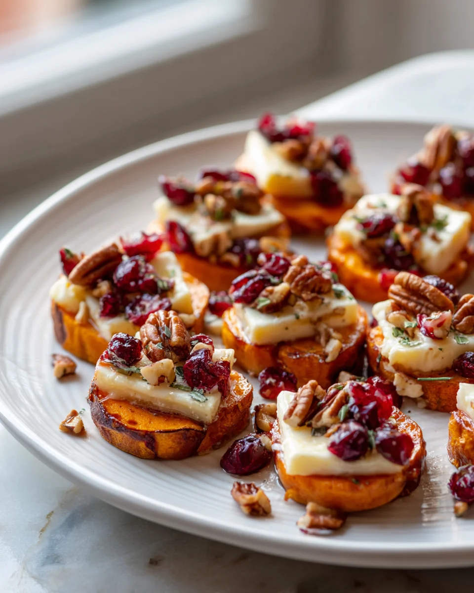 Edle Süßkartoffel-Taler mit Brie, Cranberrys & Pekannüssen