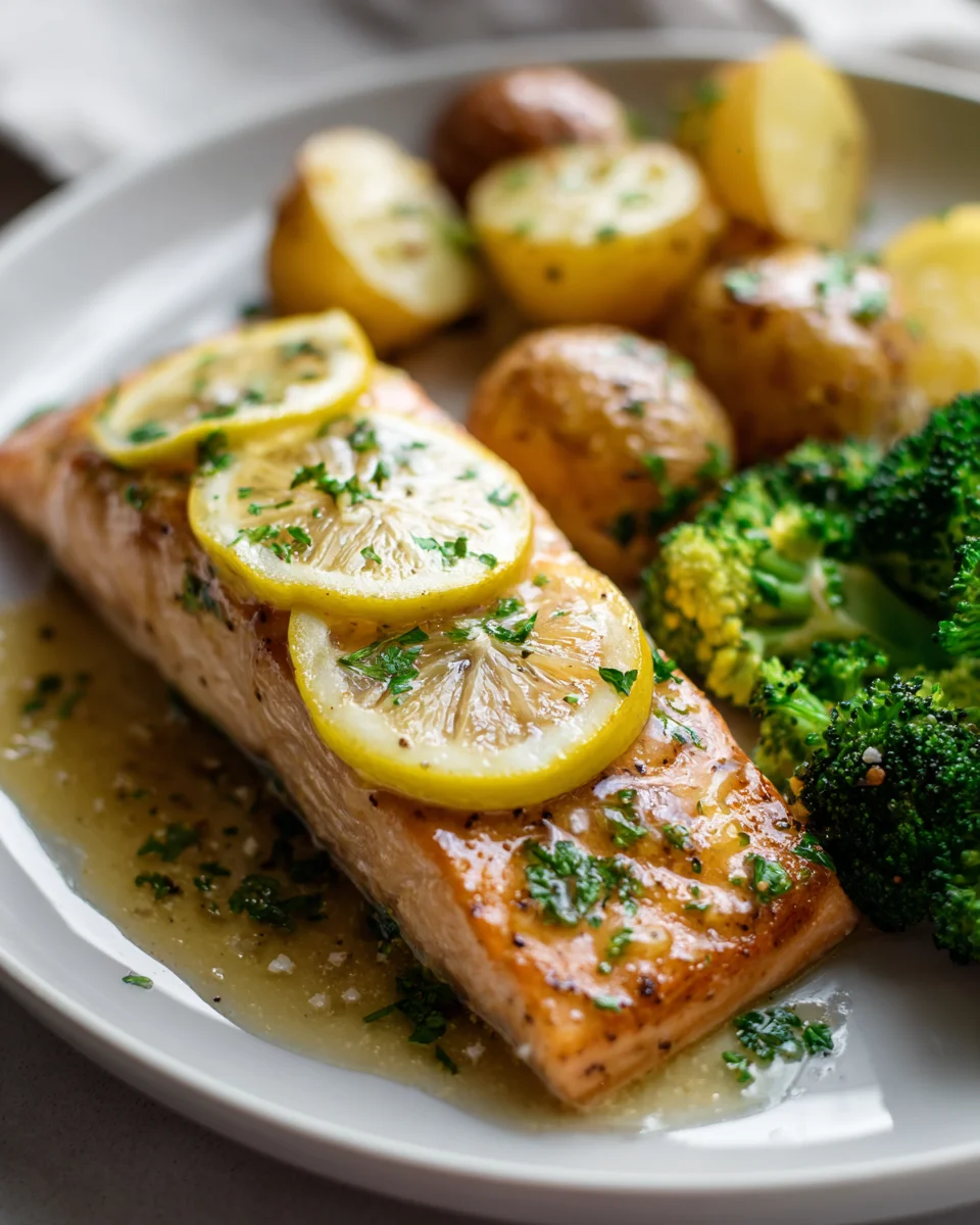 Zitronenbutter-Lachs mit Knusperkartoffeln & Brokkoli Rezept