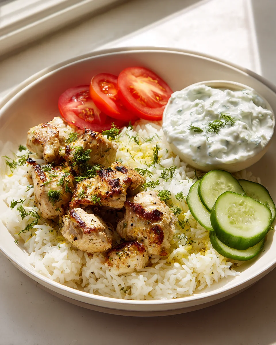 Klassische Greek Chicken Bowl: Zitronenreis & Tzatziki Rezept