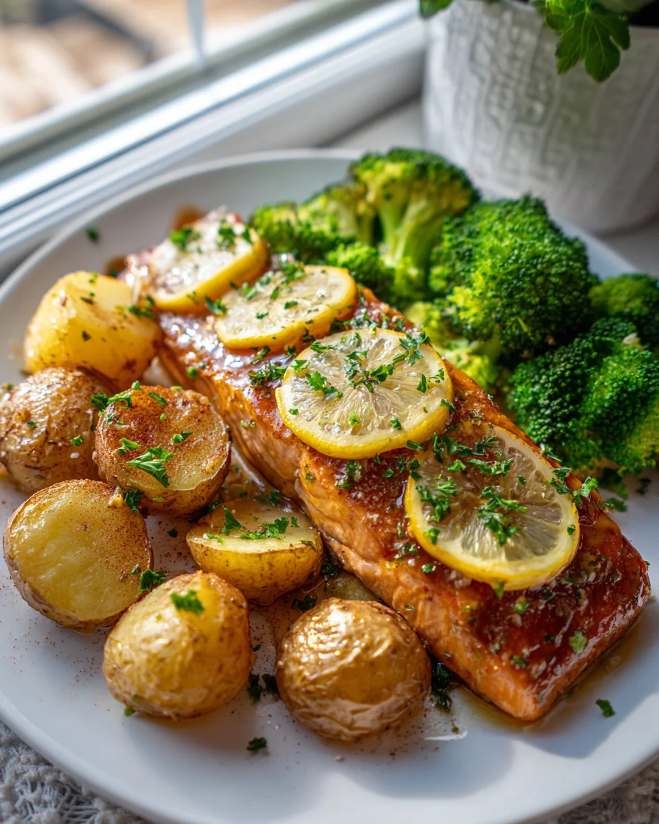 Zitronenbutter-Lachs mit Knusperkartoffeln & Brokkoli Rezept
