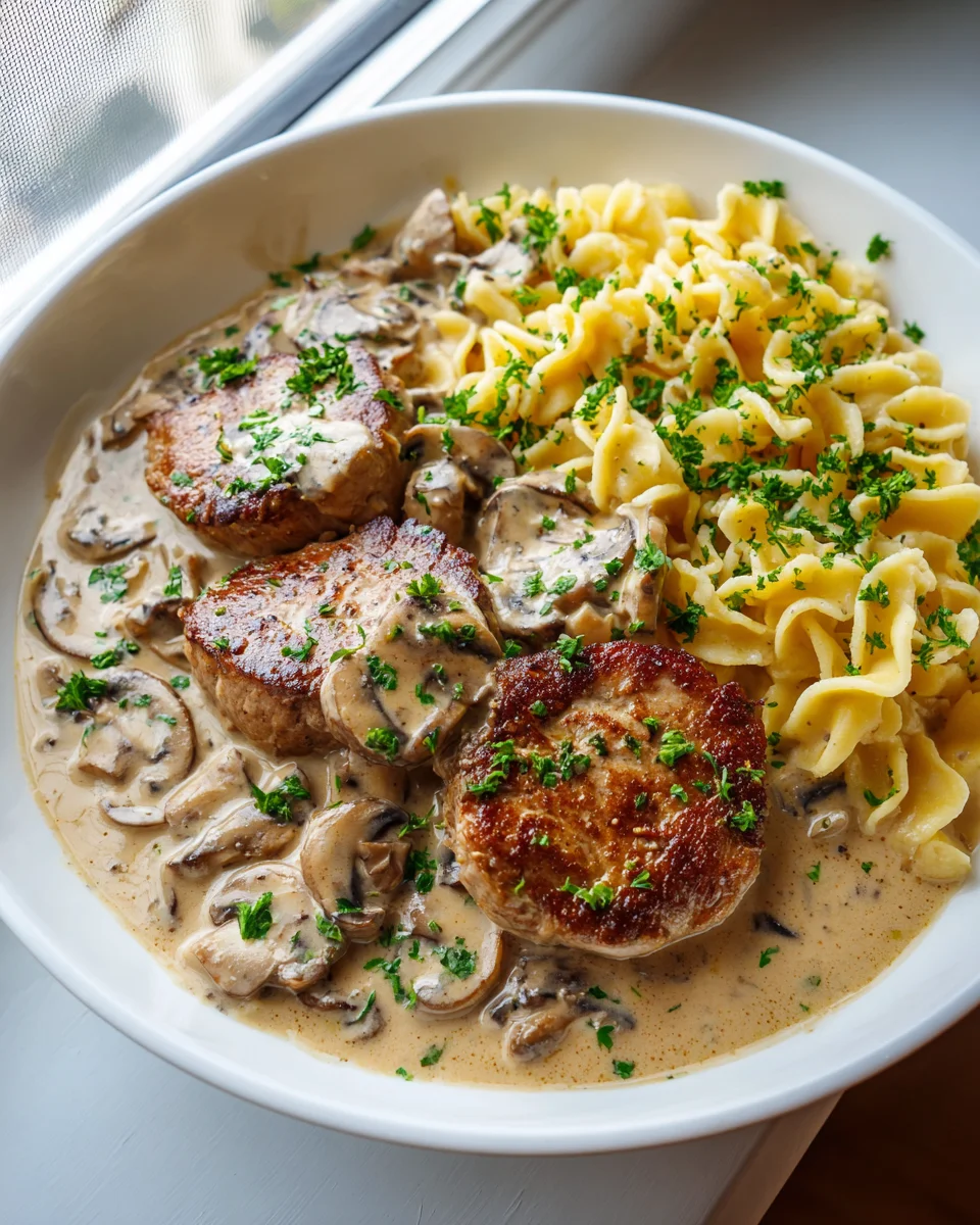 Beef-Medaillons in cremiger Champignon-Rahmsoße mit Spätzle