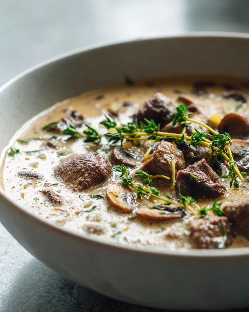 Cremige Beef-Champignon Suppe mit Knoblauch & Thymian
