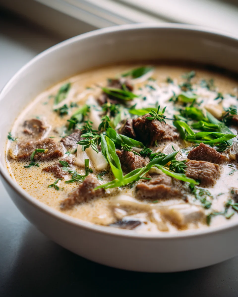 Cremige Beef-Champignon Suppe mit Knoblauch & Thymian