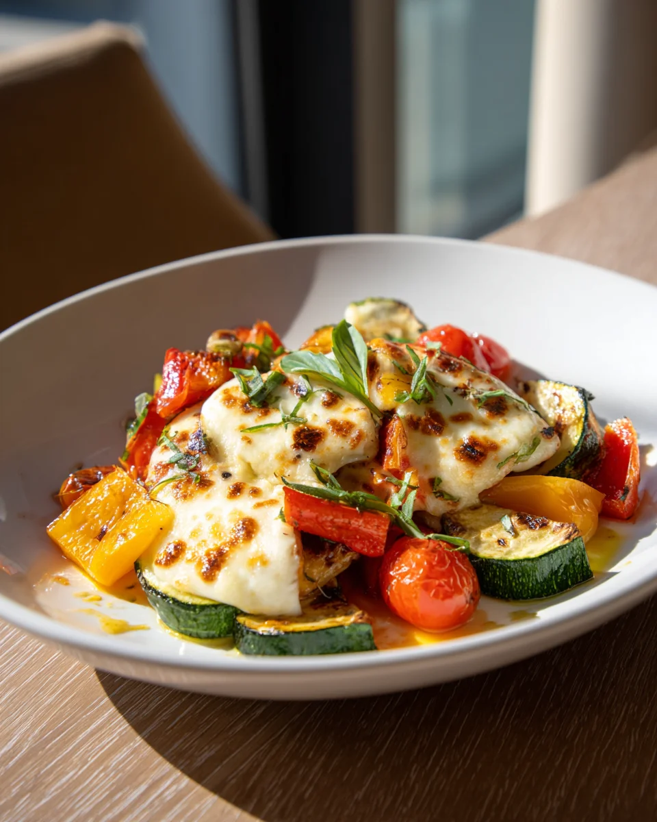 Überbackener Mozzarella auf Ofengemüse: Einfach köstlich!