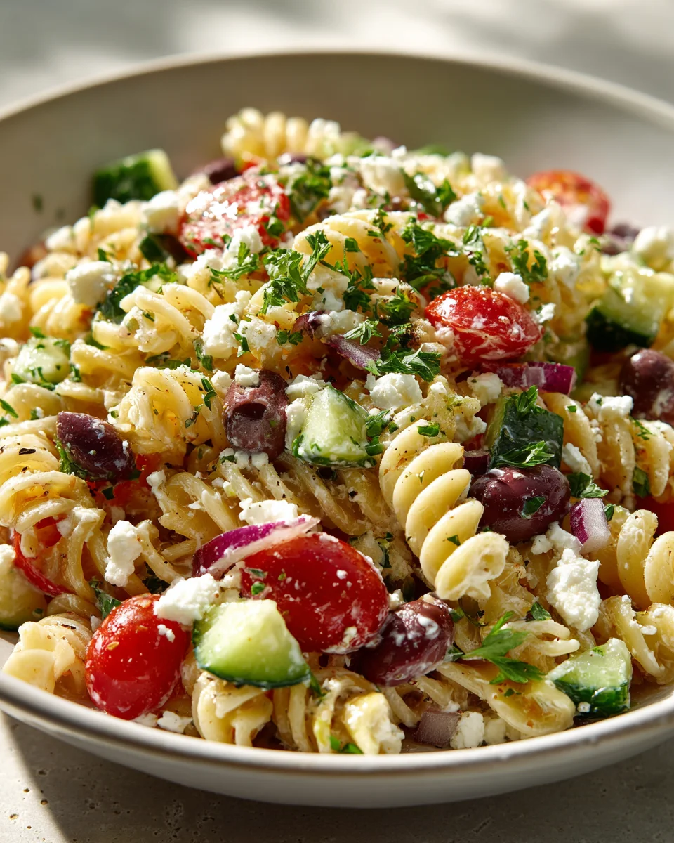 Köstlicher Griechischer Nudel Salat – Leicht & Zitronig!