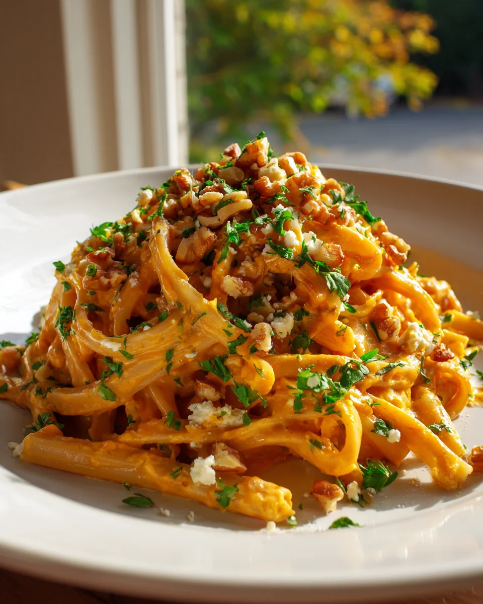 Pasta mit Kürbis-Feta-Sauce & Walnüssen: Cremig & Knusprig
