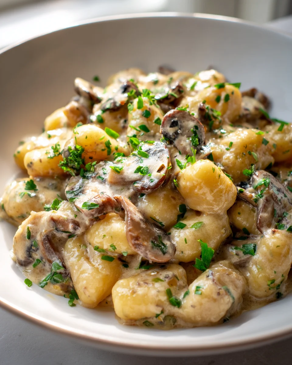 Genieße Gnocchi in Pilzrahmsoße mit frischen Kräutern