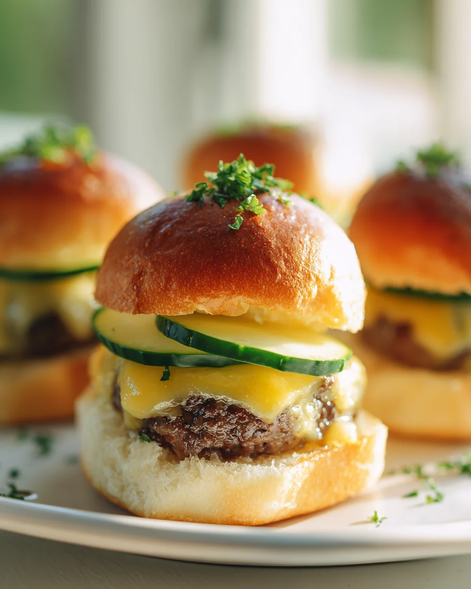 Leckere Mini Burger Slider mit Käse und Gurke Rezept