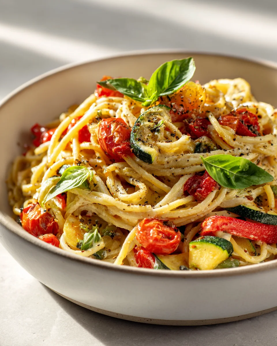 Geräucherter Mozzarella-Nudeln mit Ofengemüse – unwiderstehlich!