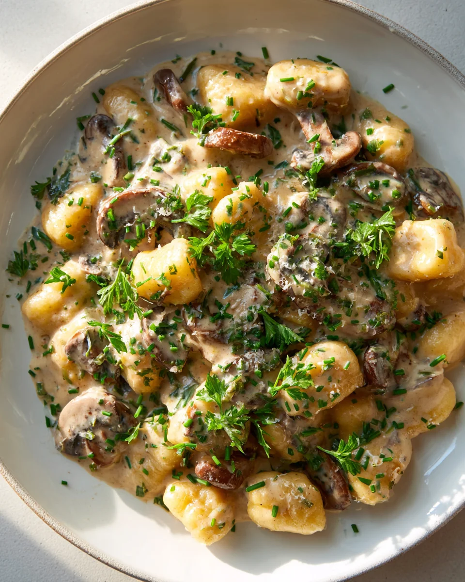 Genieße Gnocchi in Pilzrahmsoße mit frischen Kräutern
