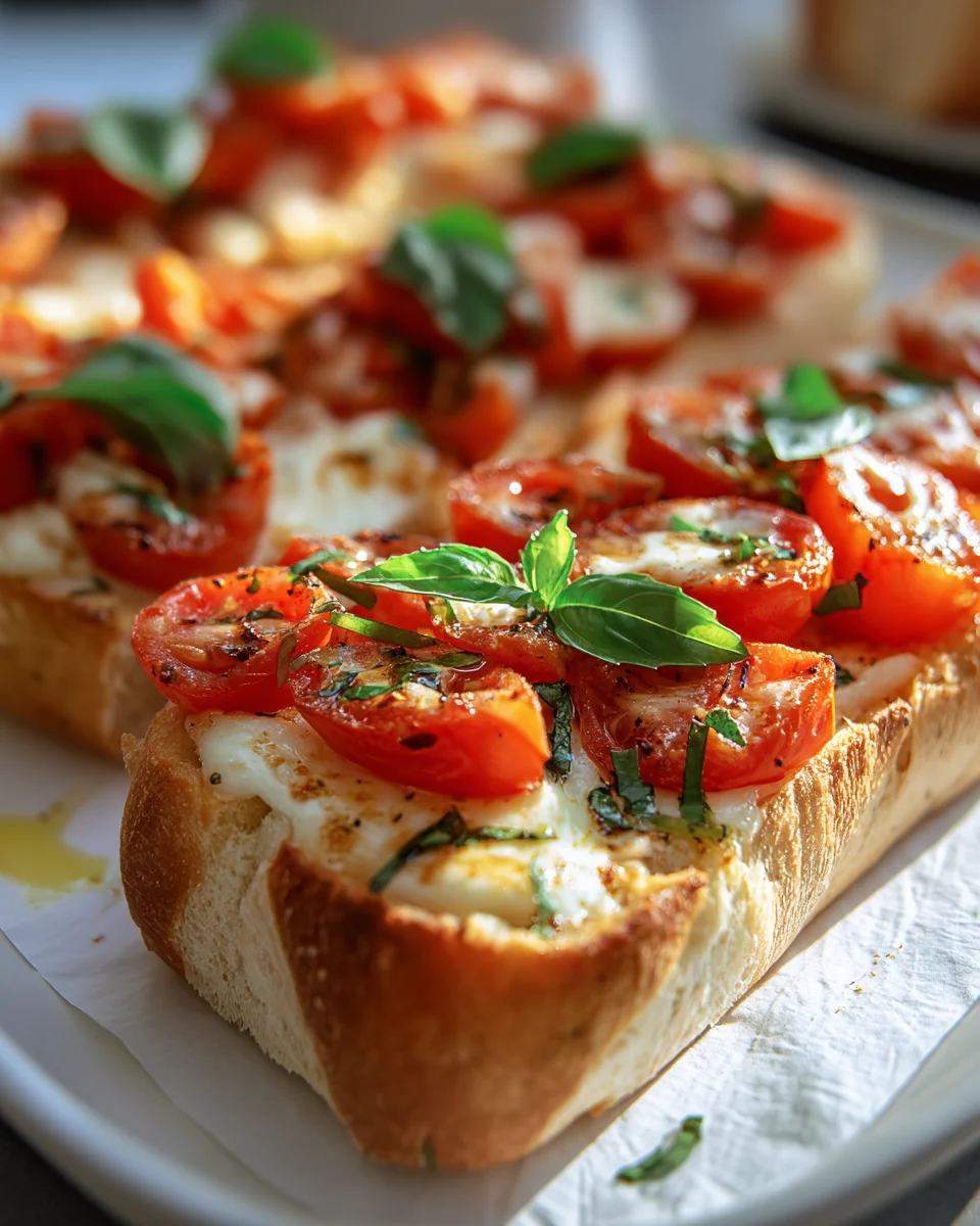 Leckere Baguettscheiben mit Tomaten Mozzarella überbacken