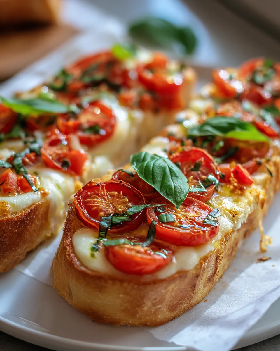 Leckere Baguettscheiben mit Tomaten Mozzarella überbacken