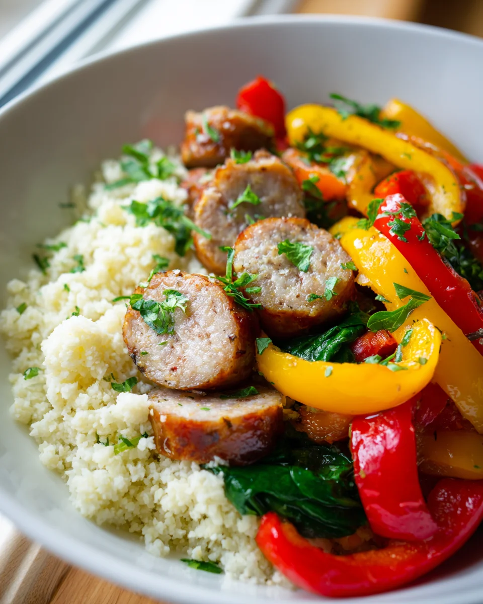 Low Carb Rinderwurst Gemüse Bowl mit Blumenkohlreis