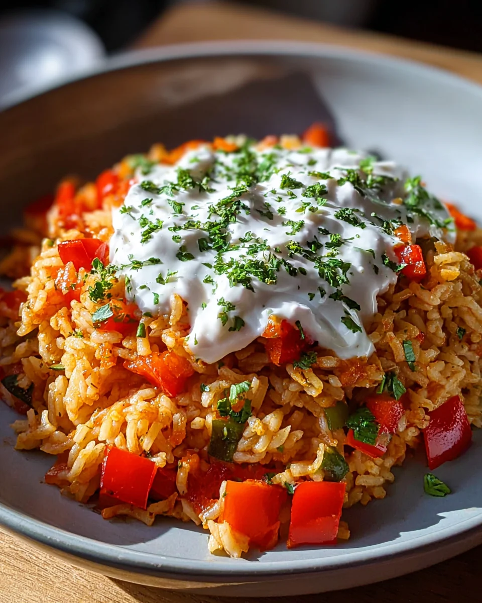Paprika Reis Pfanne mit cremiger Joghurtsosse – Einfach!