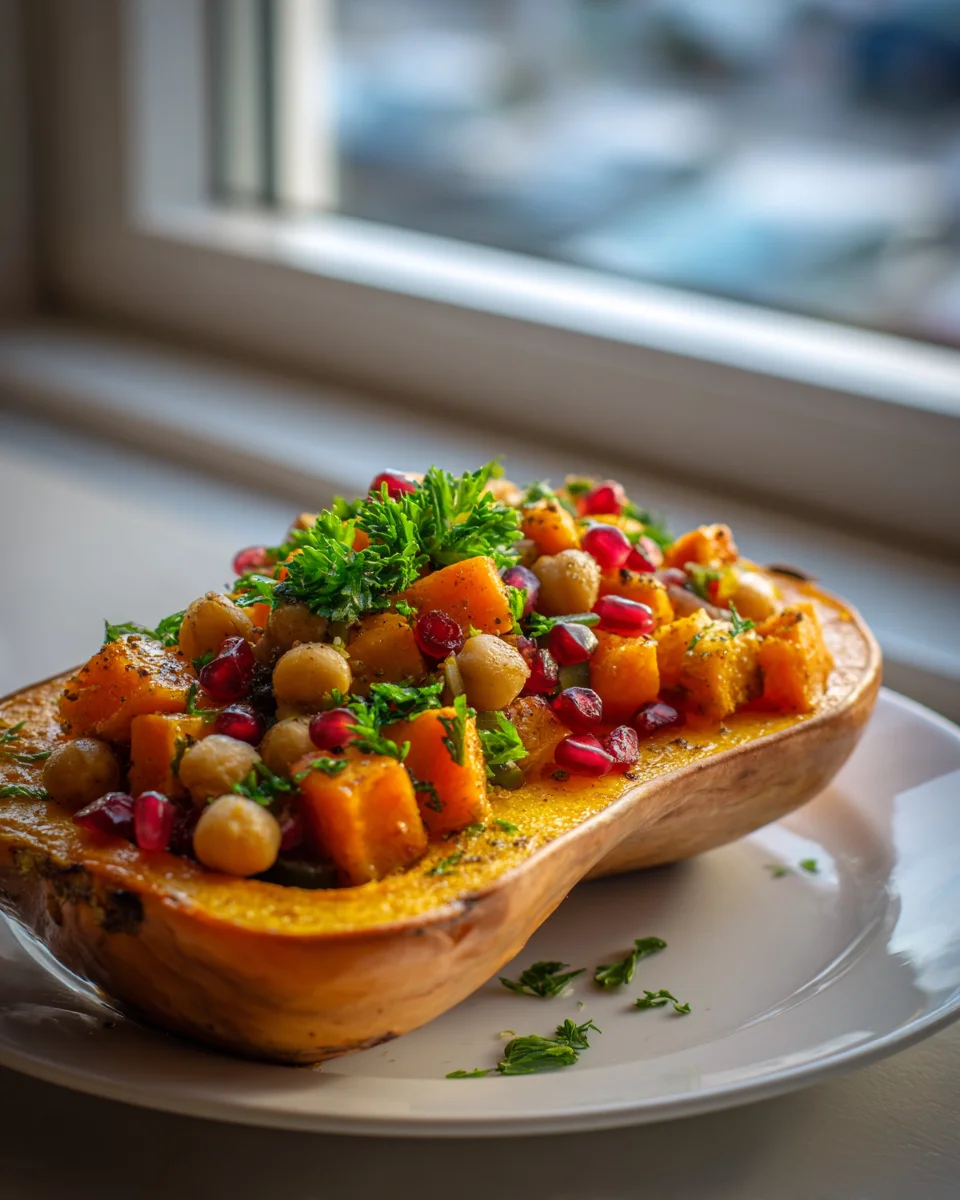 Gefüllter Butternusskürbis mit Süßkartoffel & Kichererbsen Rezept