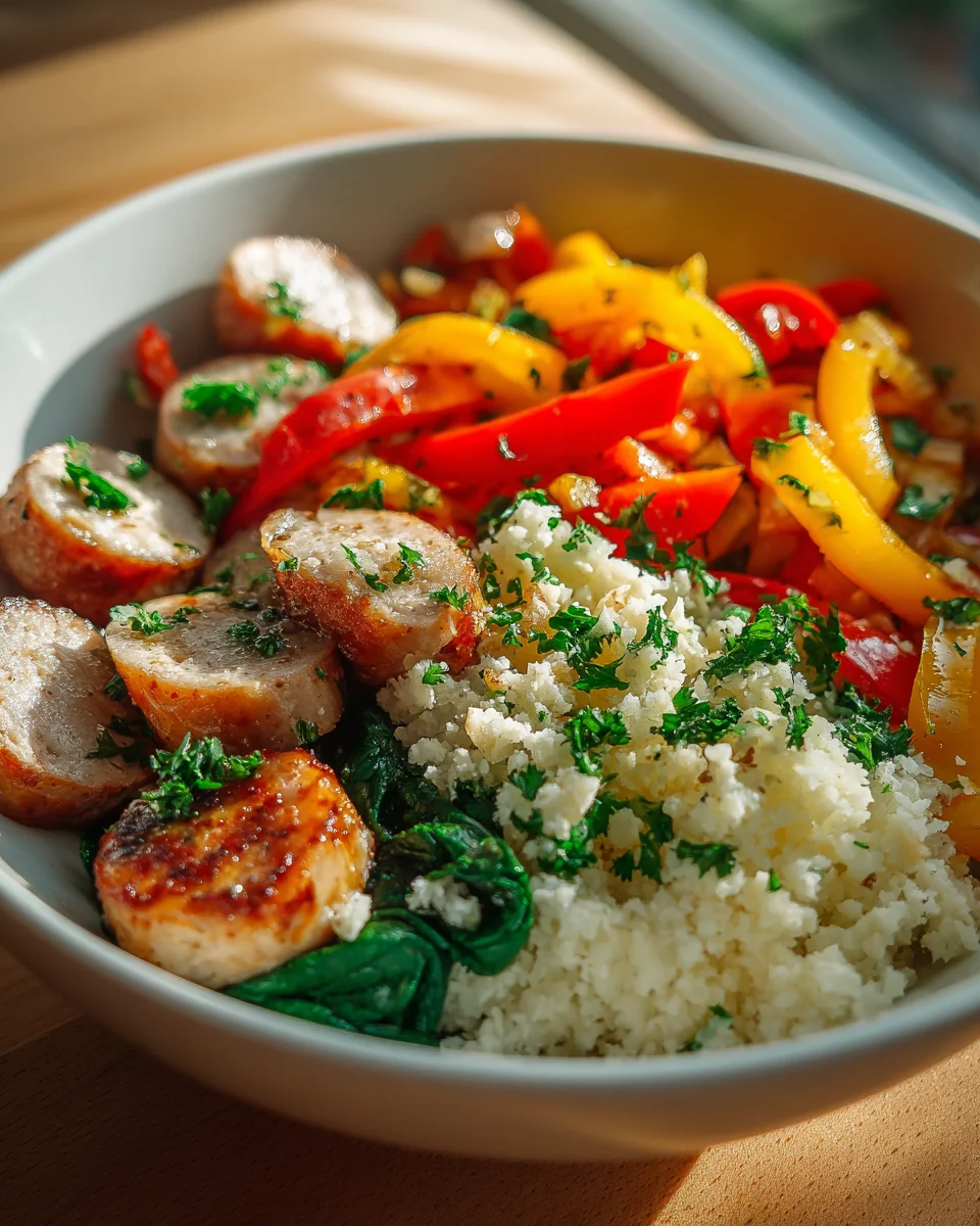 Low Carb Rinderwurst Gemüse Bowl mit Blumenkohlreis