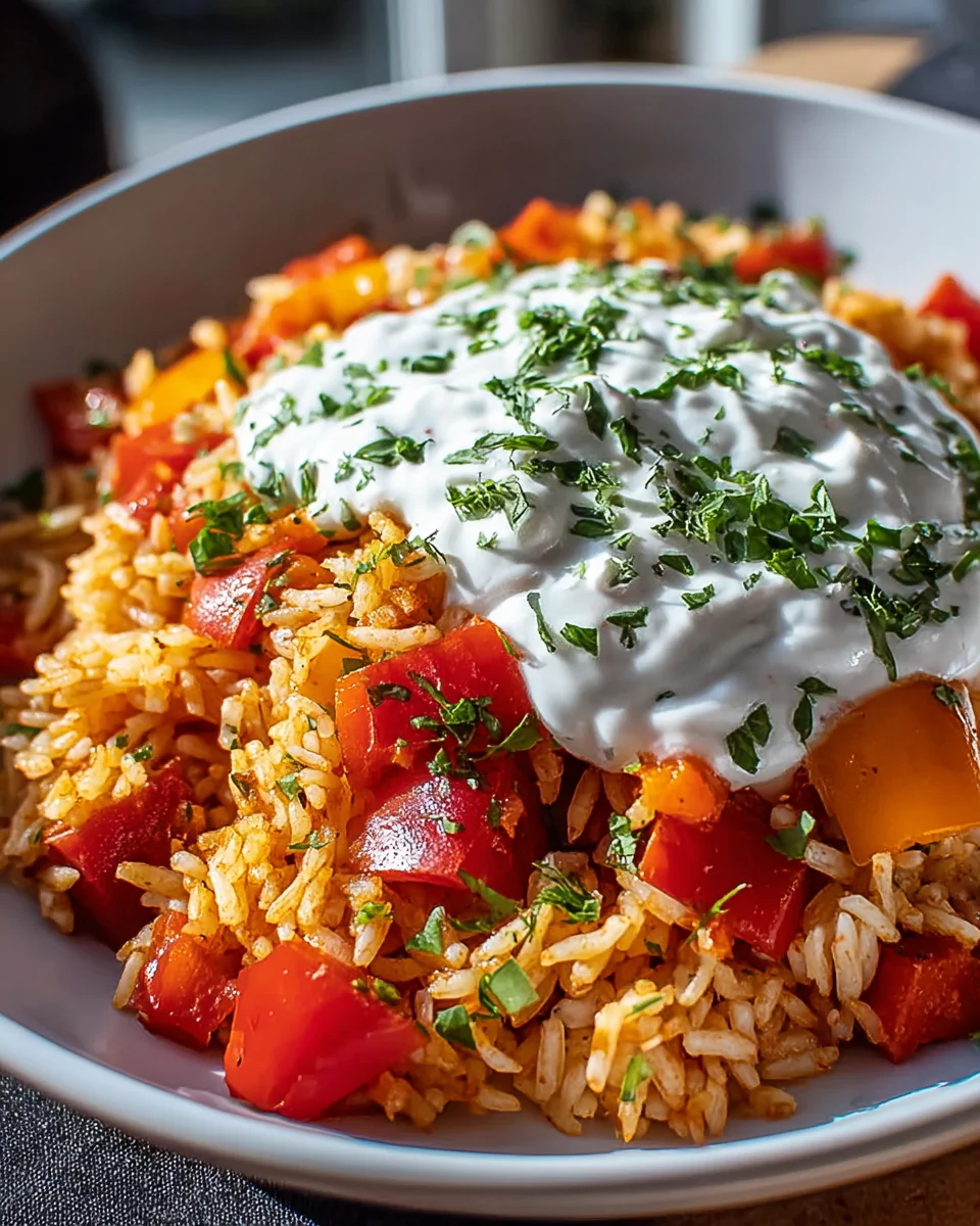 Paprika Reis Pfanne mit cremiger Joghurtsosse – Einfach!