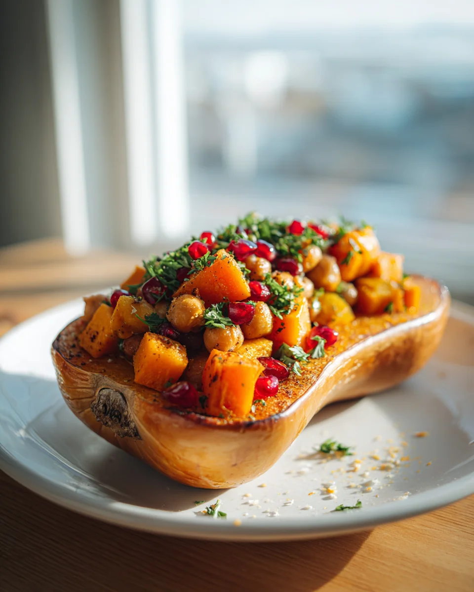 Gefüllter Butternusskürbis mit Süßkartoffel & Kichererbsen Rezept