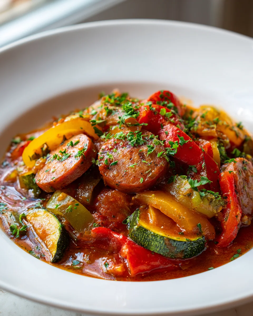 Wurstgulasch: Herzhafter Schmortopf mit Paprika & Zucchini