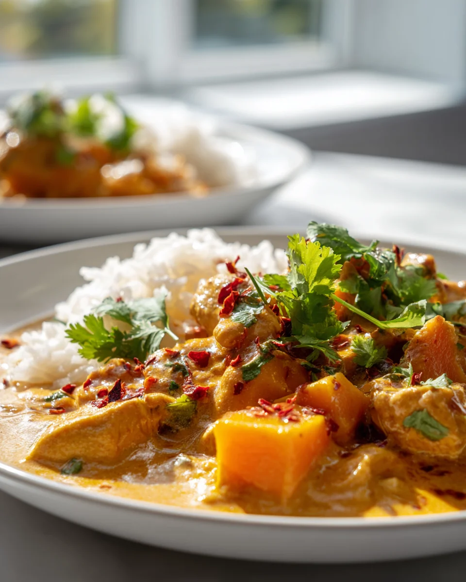 Cremige Kürbis Hähnchen Pfanne mit Kokosmilch und Reis Rezept