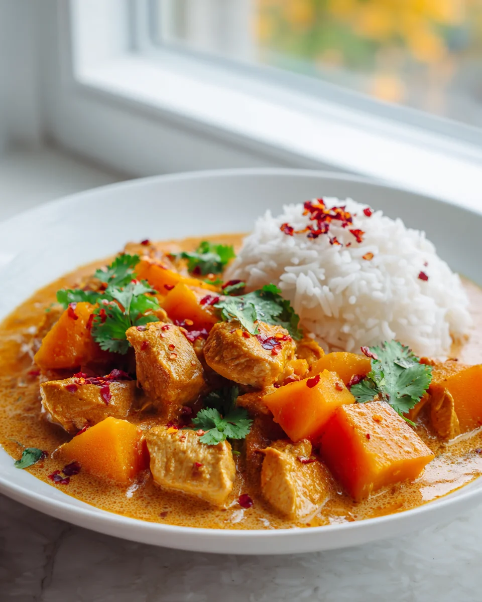 Cremige Kürbis Hähnchen Pfanne mit Kokosmilch und Reis Rezept