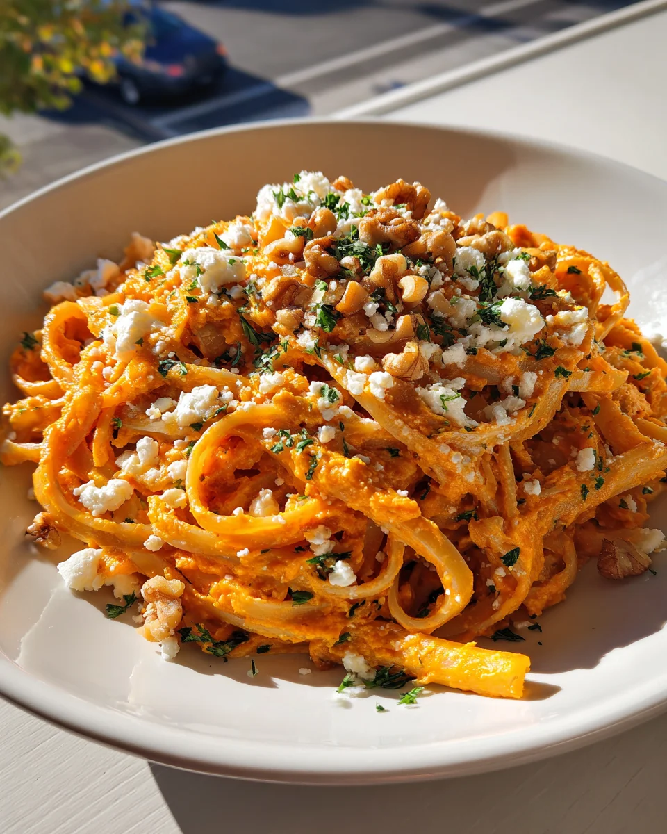 Pasta mit Kürbis-Feta-Sauce & Walnüssen: Cremig & Knusprig