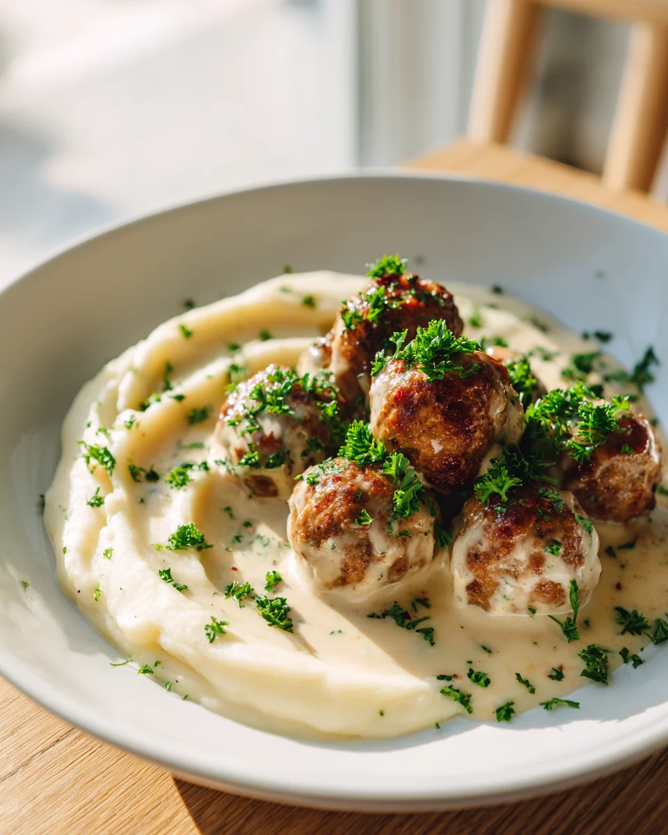 Vegane Hackbällchen mit cremiger Sauce und Blumenkohlpüree