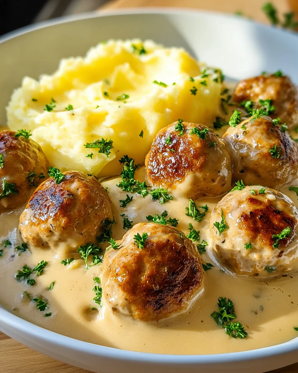 Hackbällchen in cremiger Sauce mit Kartoffelpüree Rezept