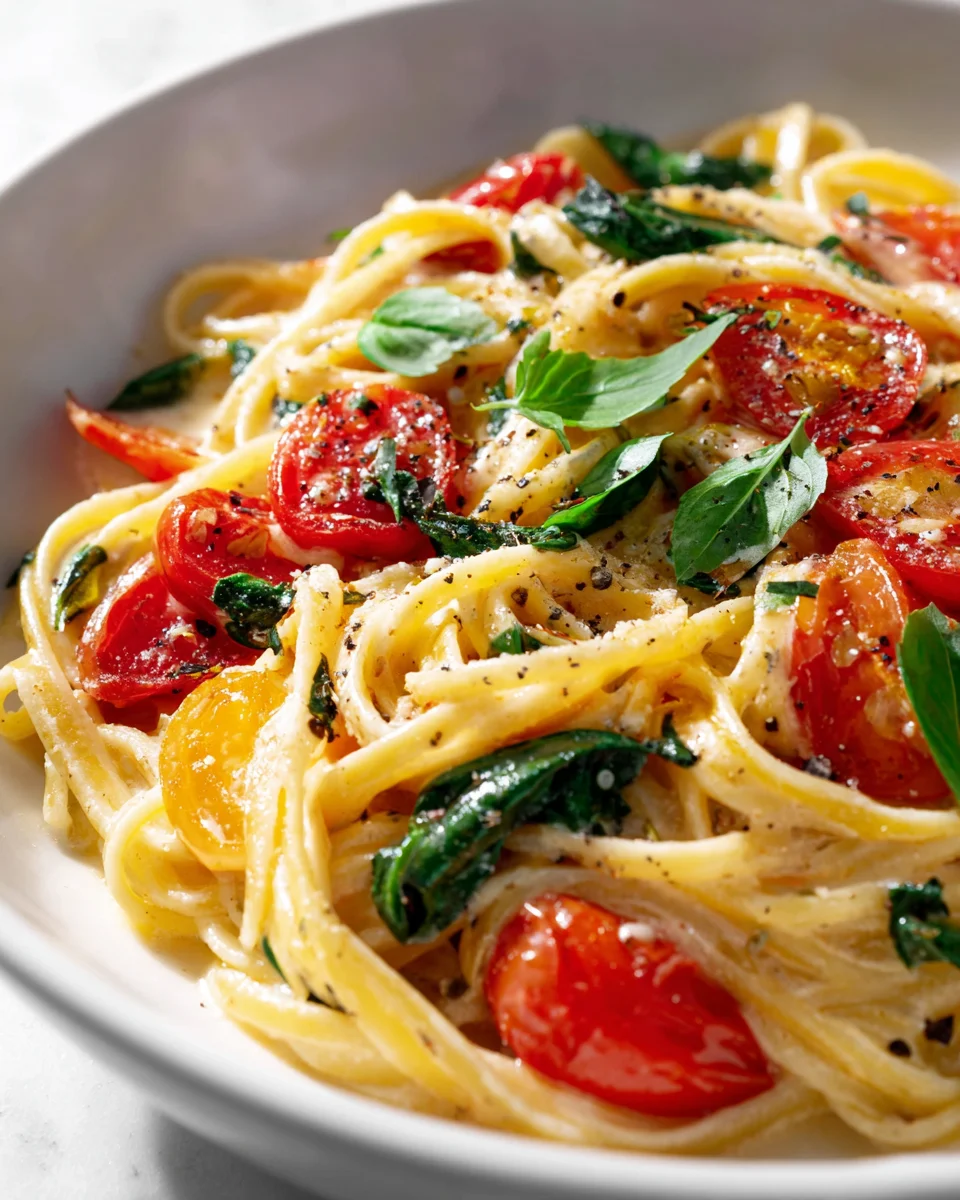 Cremige One Pot Pasta mit Kirsch-Tomaten und Spinat Rezept