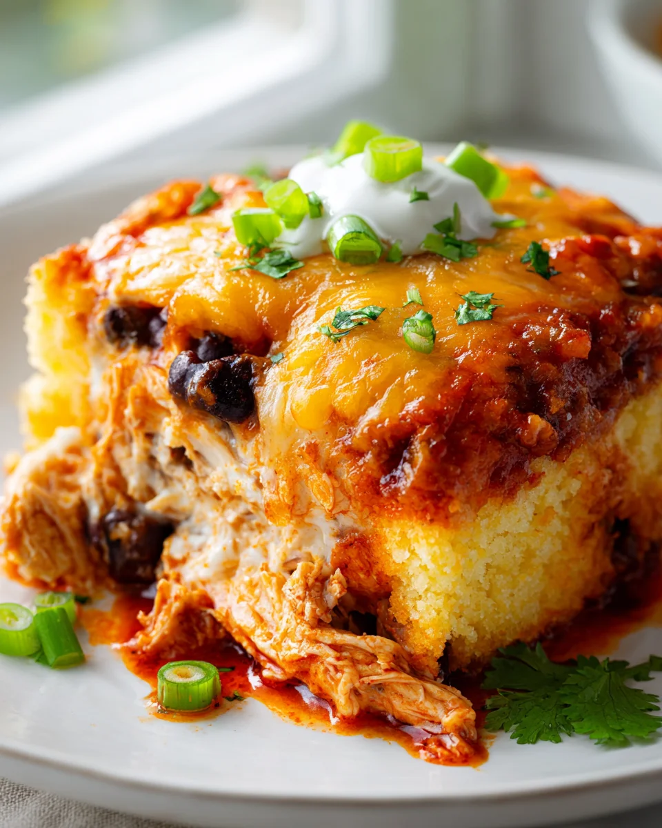 Käse Queso Hähnchen Enchilada Auflauf mit Maisbrot-Topping
