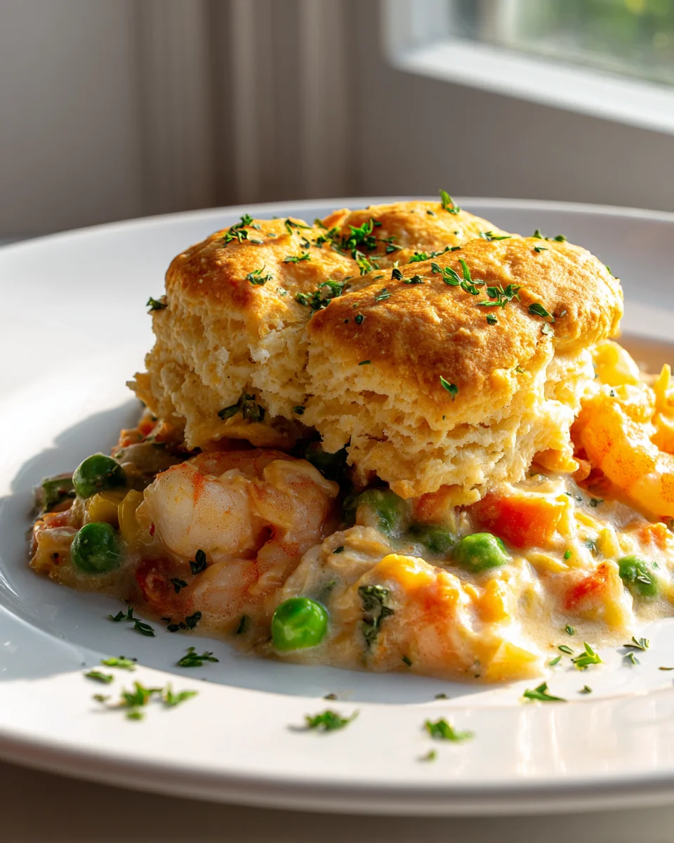 Käse Cheddar Bay Biscuit Seafood Pot Pie mit Kräuterkruste
