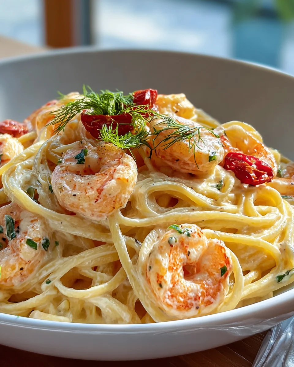 Spaghetti mit Garnelen in cremiger Frischkäsesauce genießen!