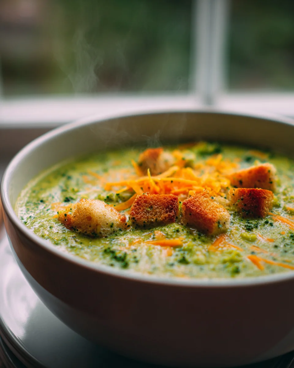 Cremige Brokkoli-Cheddar-Suppe mit knusprigen Croutons