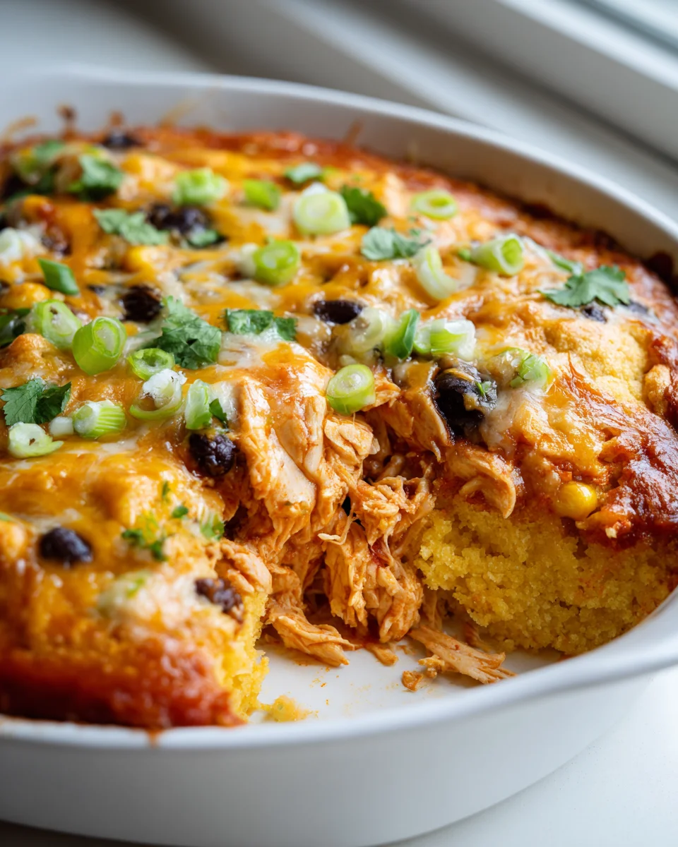 Käse Queso Hähnchen Enchilada Auflauf mit Maisbrot-Topping