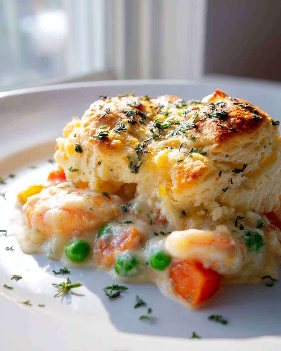 Käse Cheddar Bay Biscuit Seafood Pot Pie mit Kräuterkruste