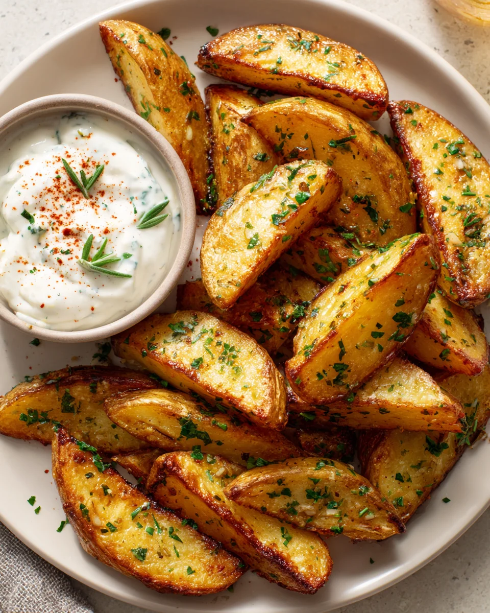 Knusprige Knoblauch-Kräuter-Potato Wedges mit Joghurt-Dip